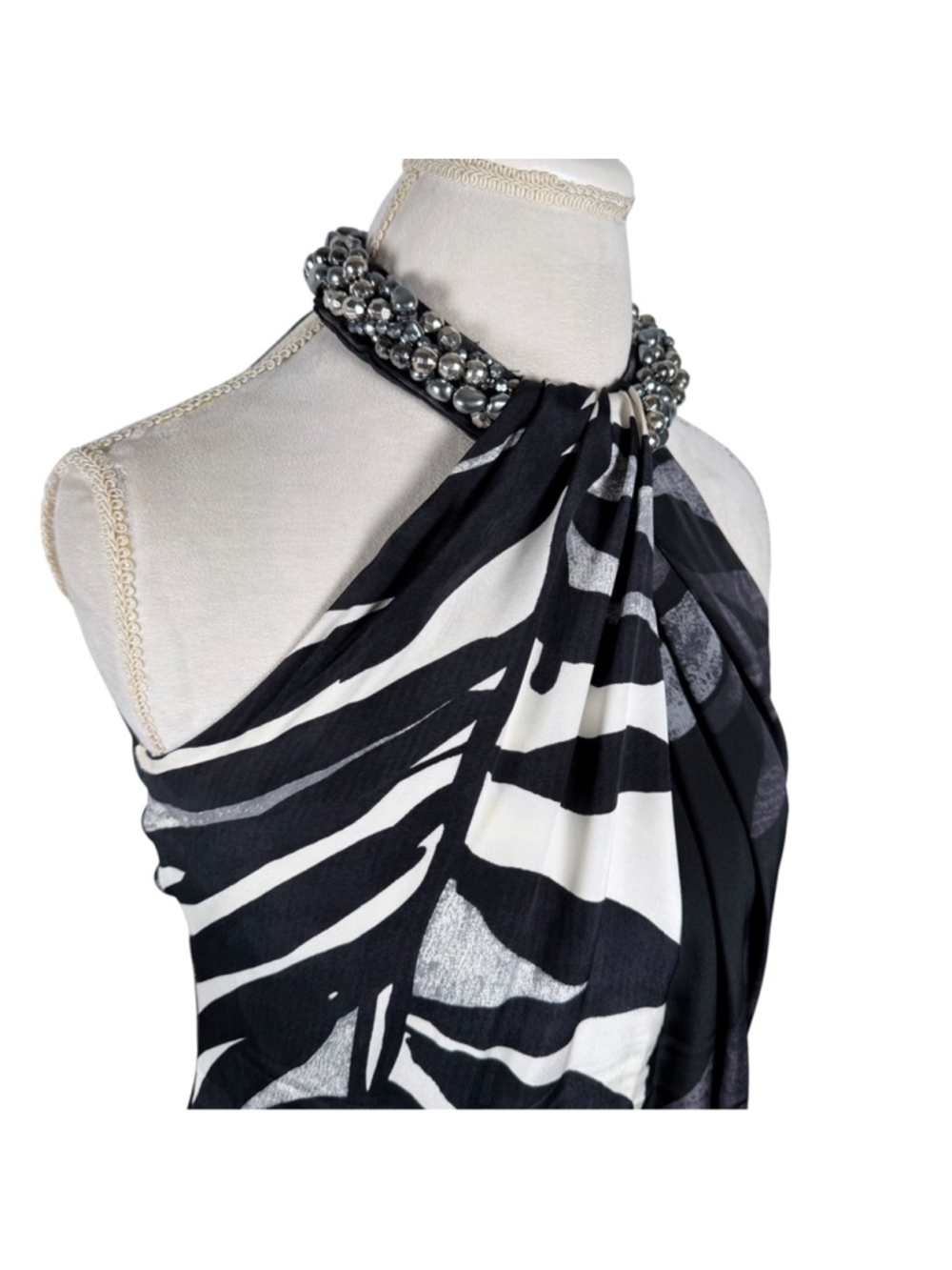 Carmen Marc Valvo Bead Halter Silk Dress Tropical Print Evening Cocktail Size 10 - Picture 10 of 12